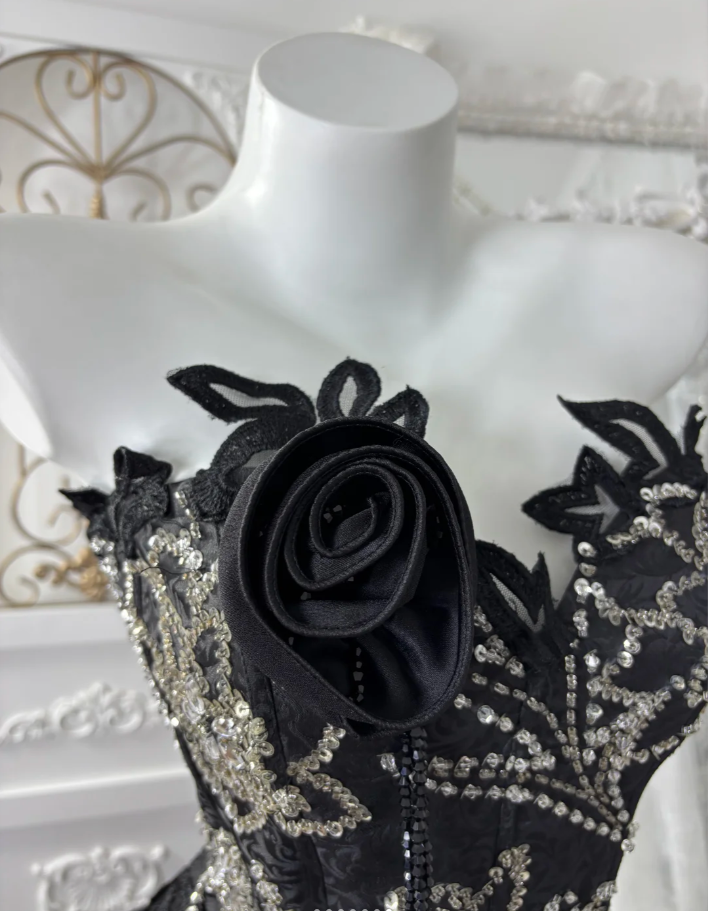 Pretty Black Lace Satin Print Floral Mermaid Long Party Dress,Formal Birthday Prom Dress With Beads SP1443