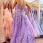 Pretty Lavender Spaghetti Straps A-Line 3D Lace Floral Long Prom Dress A Line Evening Dress Y7935
