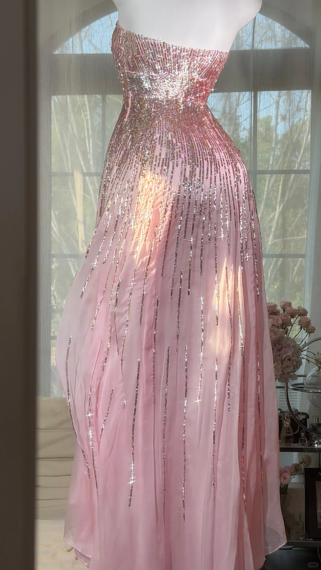 Shiny Strapless Pink Chiffon Sequin Long Evening Dress Birthday Prom Gowns SP2184
