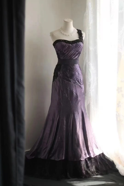 Vintage One Shoulder Purple Satin Beaded Mermaid Party Dress Long Birthday Prom Gown SP752