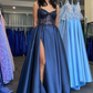 Navy Satin Lace V-Neck A-Line Long Prom Dress with Slit Y4024