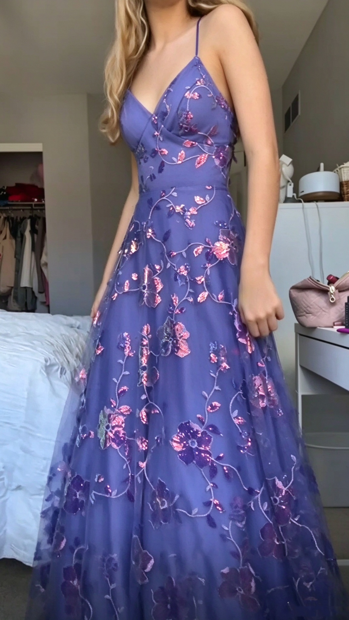 Elegant Spaghetti Straps Tulle Sequin Floral Prom Dress Purple Long Party Dress SP4226