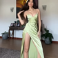 Simple Green Spaghetti Straps High Slit A Line Evening Dress Backless Prom Dress Y8433