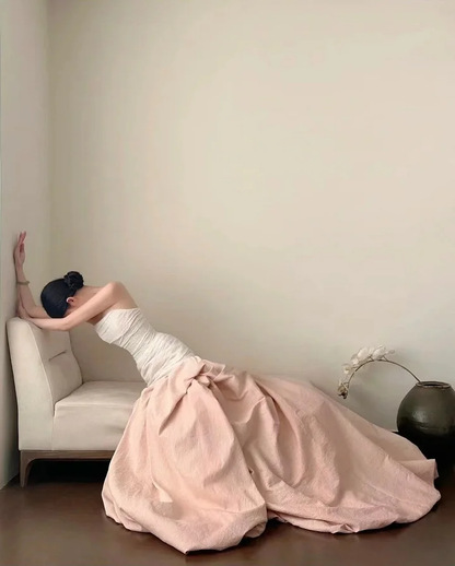 Elegant White Pink Long Satin Tulle Mermaid Long Wedding Dress SP405