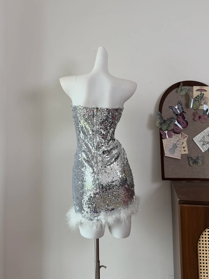Sexy Strapless Sequin Feathers Sheath Cocktail Dress Silver Short 6th Grade Homecoming Dress SP2332