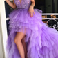 Sexy Hi-Low Deep V Neck Sleeveless Prom Dress, Spaghetti Straps Appliques Prom Dress Y5688