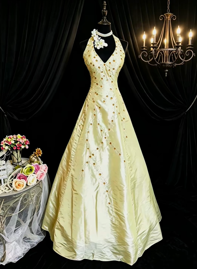 Charming Halter Ball Gown Yellow Satin Beaded Long Prom Dress Evening Gowns With Wrap SP2379