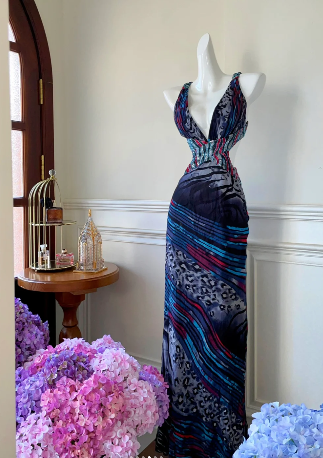 Chic Purple Halter V Neck Chiffon Mermaid Prom Dress Long Party Gown SP760