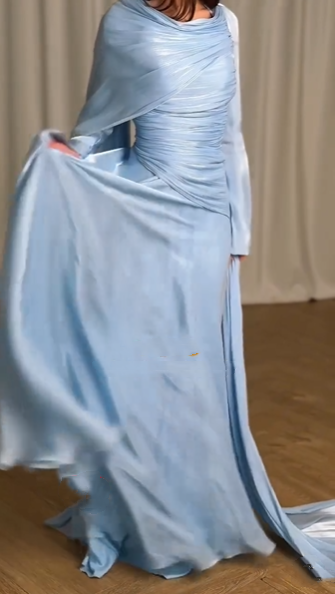 Elegant Blue Tulle Pleated Mermaid Long Party Dress Prom Gown Formal Wedding Guest Dress SP1312