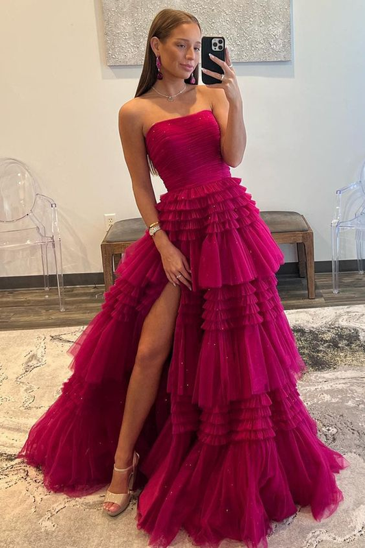 A-Line Strapless Tulle Long Prom Dress with Tiered Ruffles Y5301