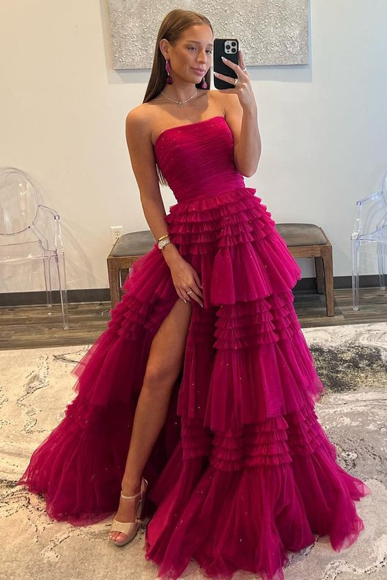A-Line Strapless Tulle Long Prom Dress with Tiered Ruffles Y5301