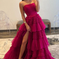 A-Line Strapless Tulle Long Prom Dress with Tiered Ruffles Y5301