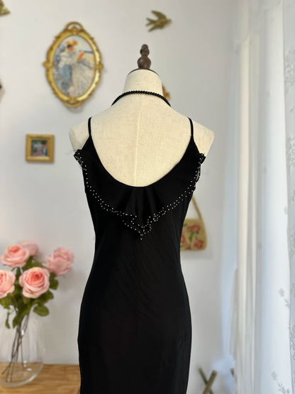 Elegant Spaghetti Straps Black Chiffon Beaded Appliques Sheath Long Party Dress Evening Gown Y9759