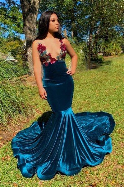 Sexy Peacock Blue V Neck Velvet Appliques Mermaid Long Party Dress Prom Gown SP4033