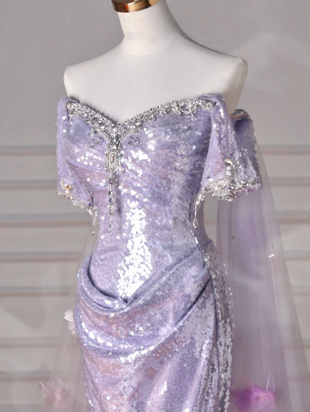 Glitter Lilac Sequin Tulle Beaded Mermaid Slit Evening Dress,Off The Shoulder Tulle Appliques Prom Dress Y8632