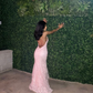 Romantic Pink Backless Sleeveless Lace Mermaid Evening Dresses with Train Y1490
