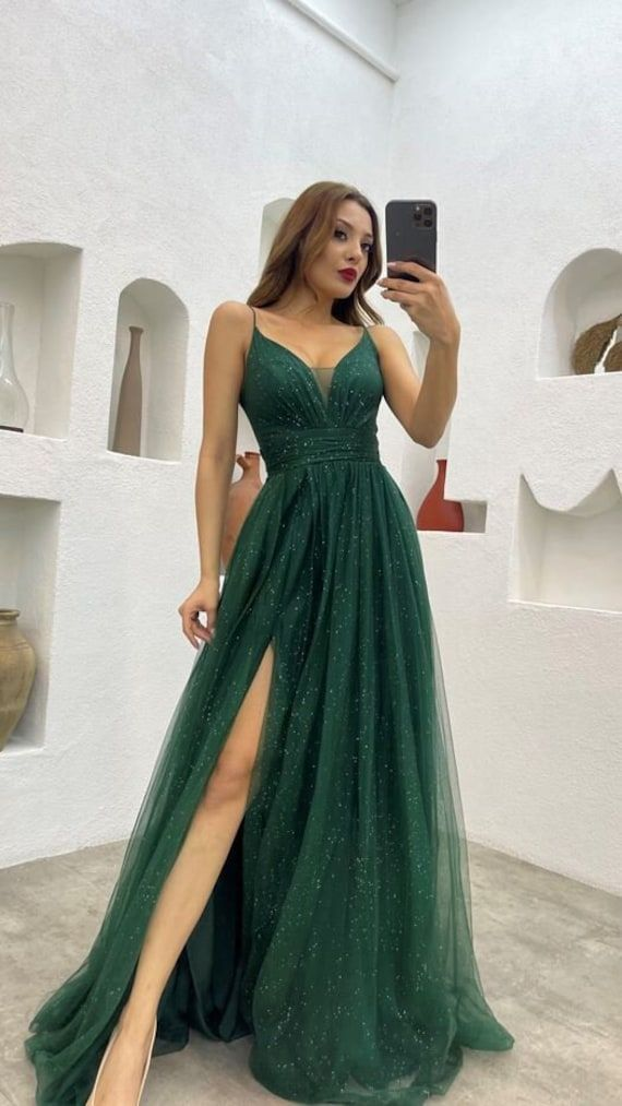 Emerald Green Glitter Maxi Tulle Prom Dress,Wedding Guest Dress,Wedding Reception Dress Y6329