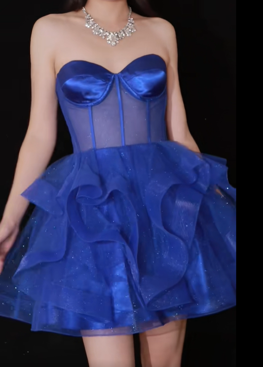 Charming Sweetheart Royal Blue Tulle Sequin A Line Homecoming Dress Short Birthday Outfits Cocktail Dress Y9342