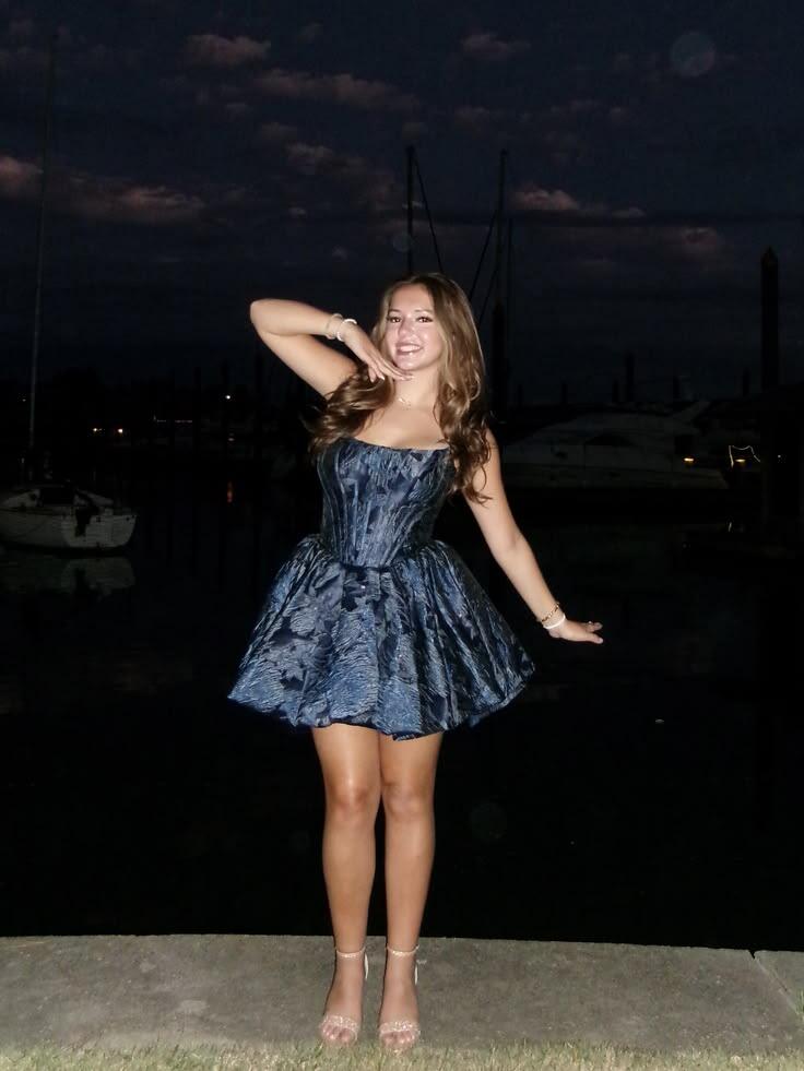 Fashion Navy Blue Satin Print Floral A Line Short Homecoming Dress Birthday Outfits SP3912