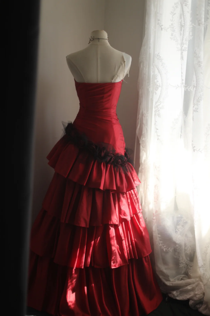 Vintage Red Strapless Satin Layered Mermaid Long Prom Dresses Evening Dress SP1174