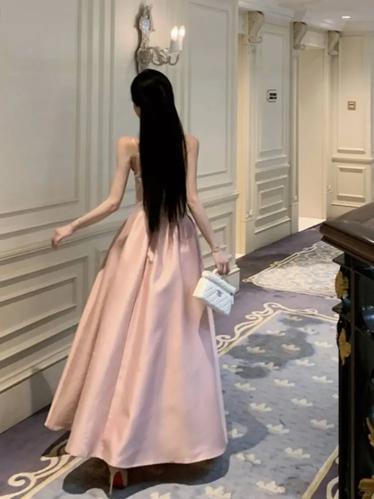 Cute Spaghetti Straps V Neck Satin A Line Long wedding Guest Dress Pink Evening Dress Prom Dress SP2291