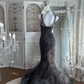 Fashion V Neck Black Tulle Beaded Mermaid Long Wedding Guest Dress Formal Birthday Party Dress Prom Gown  SP1451