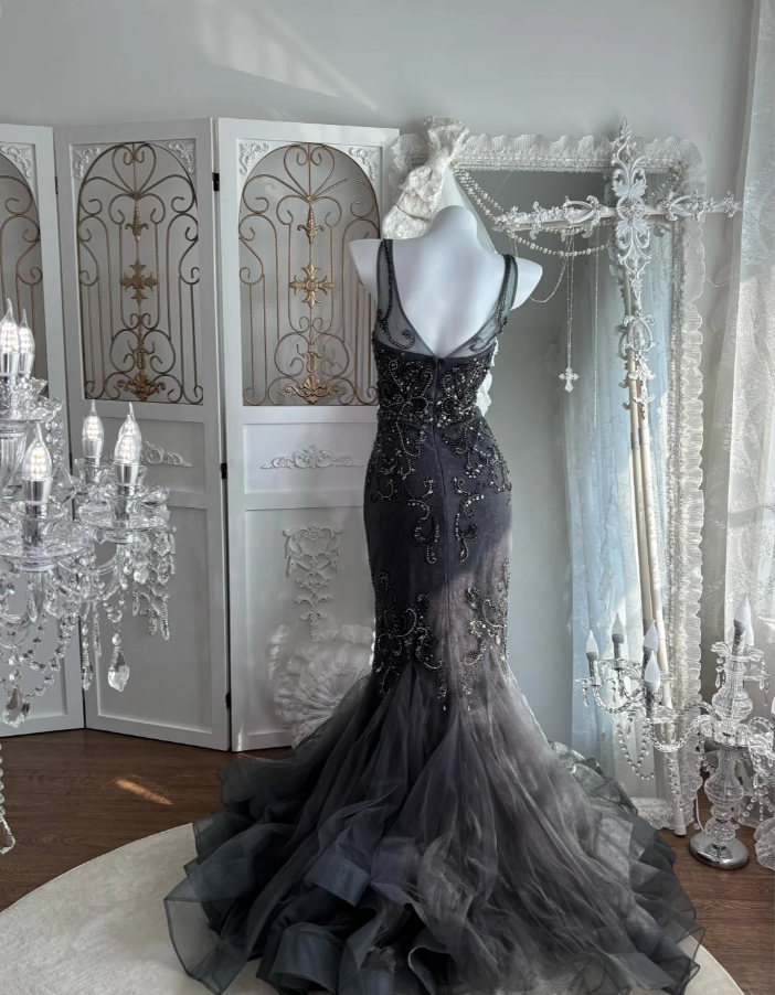 Fashion V Neck Black Tulle Beaded Mermaid Long Wedding Guest Dress Formal Birthday Party Dress Prom Gown  SP1451