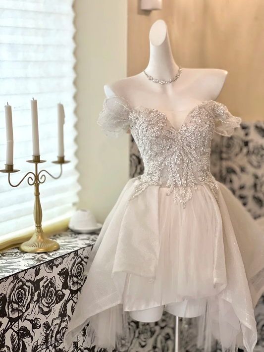 Classy Off The Shoulder White Organza Sequin A Line Short Homecoming Dress 18th Birthday Outfits Y9215