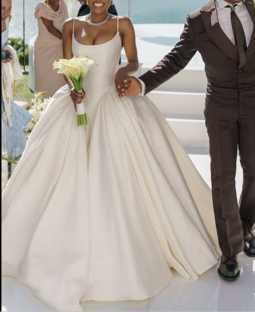 Classy Spaghetti Straps White Satin Long Wedding Dress SP1053