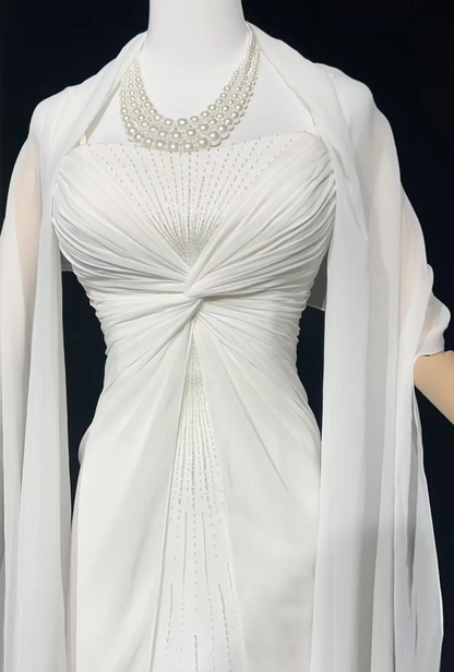 Classy Spaghetti Straps White Chiffon Beaded Mermaid Long Evening Dress Formal Birthday Prom Dresses With Cape SP1381