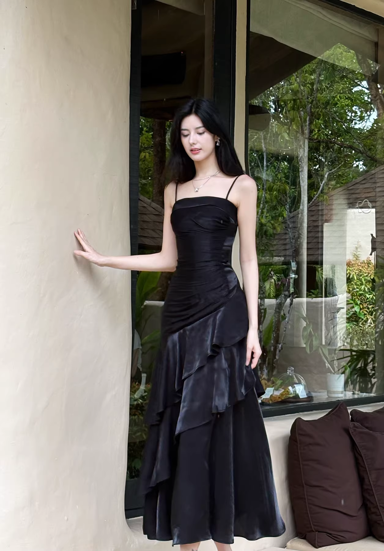 Fashion Spaghetti Straps Black Satin Ruffles Layered Mermaid Long Party Dress Formal Wedding Guest Dress SP1986