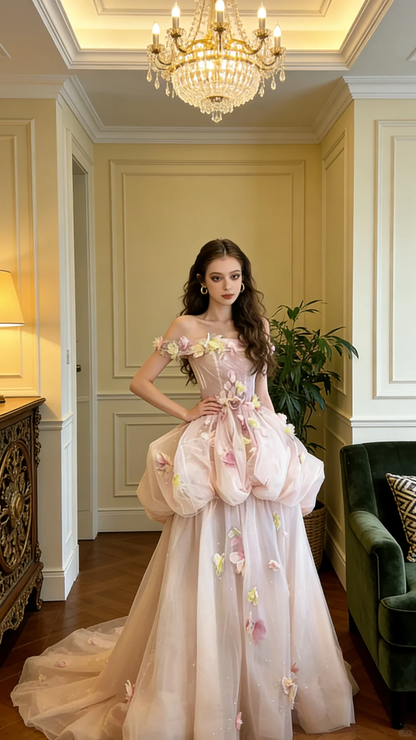 Pretty Pink Off The Shoulder Tulle Appliques Long Party Dress Birthday Dress SP2055