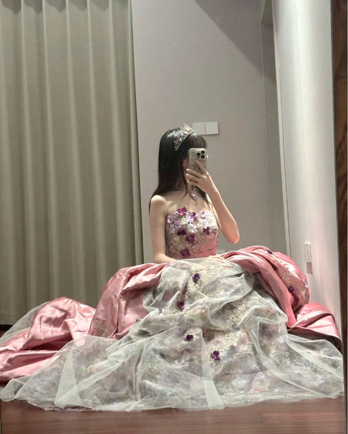 Pretty Pink Strapless Satin Pleated Appliques Ball Gown Sweet 16 Dress Formal Quinceanera Dress  SP1189