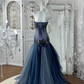 Shiny Strapless Navy Blue Tulle Sequin Beaded Mermaid Party Dress Long Wedding Guest Dress SP1442