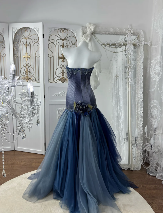 Shiny Strapless Navy Blue Tulle Sequin Beaded Mermaid Party Dress Long Wedding Guest Dress SP1442