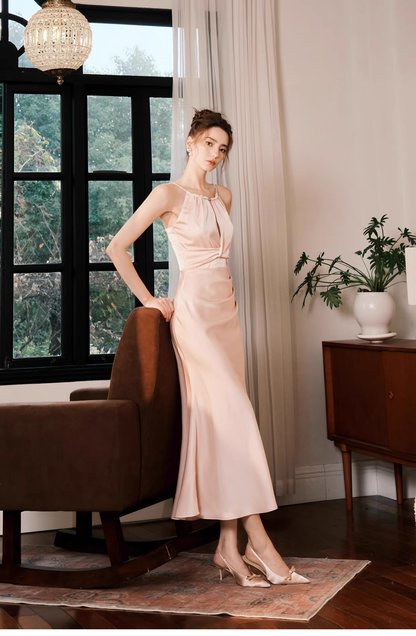 Pretty Pink Sleeveless Satin Mermaid Long Party Dress Prom Gowns SP1996