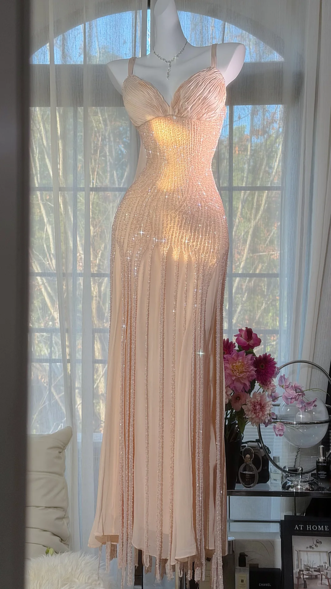 Glitter Spaghetti Straps Chiffon Beaded Mermaid Long Evening Dress Birthday Prom Dresses SP2189