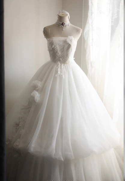 Sweet Strapless Tulle Beaded Appliques Double Layered White Long Wedding Dress SP1209