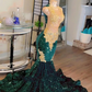 Sparkly Dark Green Mermaid Prom Dresses 2023 For Black Girls Golden Lace Appliques Beaded Tassels Velvet Sequins Party Gown Y4224