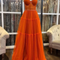 A-line Burnt Orange Spaghetti Straps Modest Formal Long Women Evening Prom Dresses Y4815