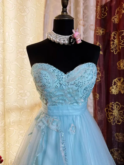 Elegant Strapless Blue Tulle Sequin Appliques A Line Short Homecoming Dress 19th Birthday Outfits SP80