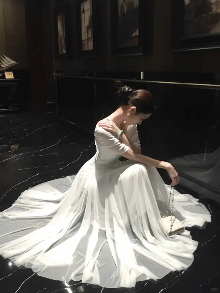 Elegant White Off The Shoulder Chiffon A Line Long Birthday Dress Evening Dress SP2295