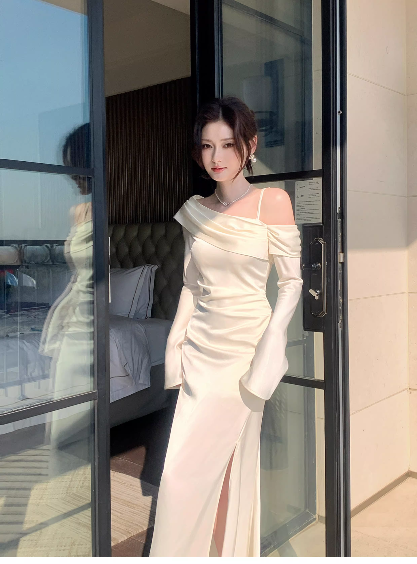 Classy Light Apricot Off The Shoulder Mermaid Slit Long Party Dress Prom Gown Formal Wedding Guest Dress SP1494
