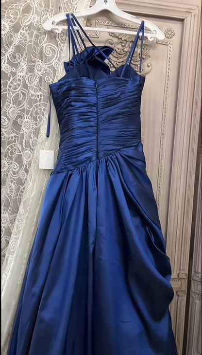 Pretty Spaghetti Straps Navy Blue Satin Beaded Mermaid Long Party Dress Evening Dress SP2155