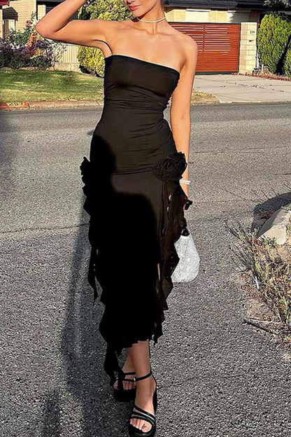Black Sheath Ruffles Evening Dress Strapless Chiffon Prom Dress Y7765