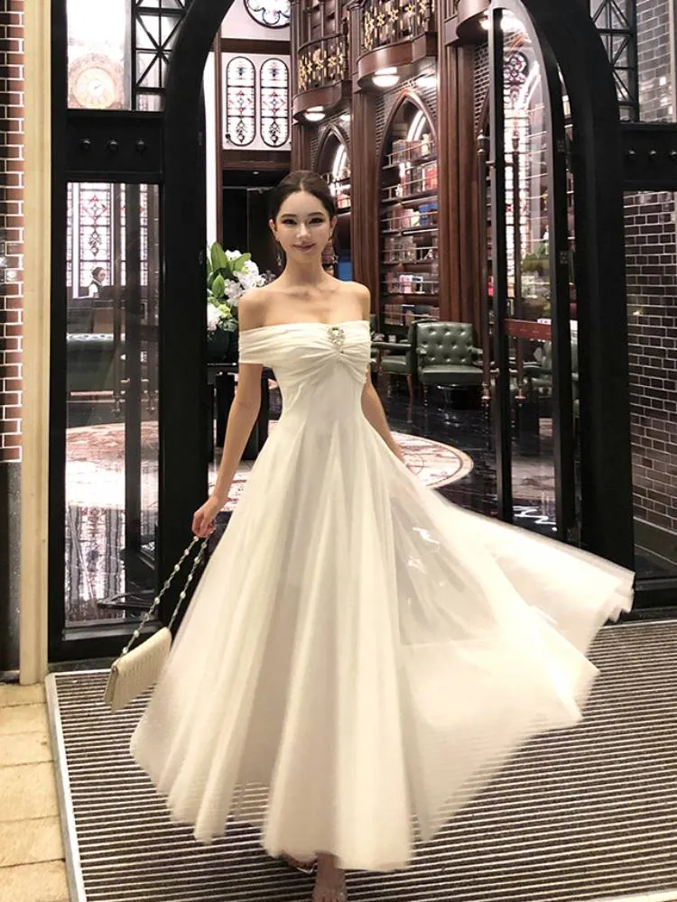 Elegant White Off The Shoulder Chiffon A Line Long Birthday Dress Evening Dress SP2295