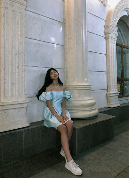 Cute Blue Off The Shoulder Satin A Line Short Graduation Homecoming Dress Cocktail Dress SP3479