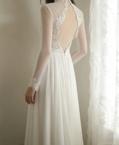 Charming White Tulle Chiffon Beaded Long Wedding Dress Backless Bridal Dress SP1175
