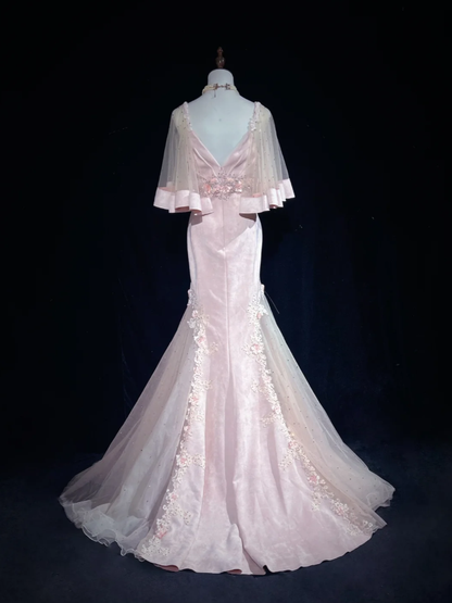 Sweet Pink V Neck Appliques Mermaid Long Birthday Party Dress Prom Dresses SP1285