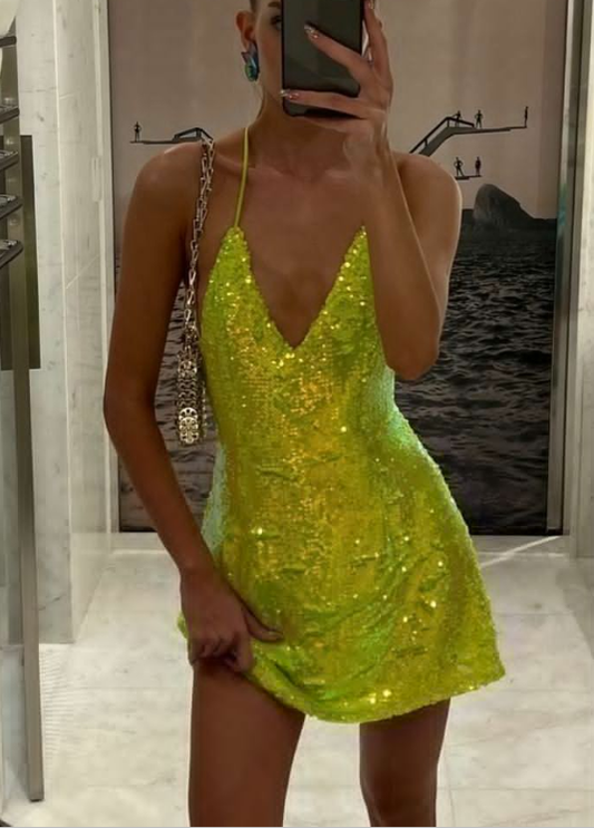 Unique Spaghetti Straps V Neck Lemon Green Sequin Short Homecoming Dress Cocktail Dress Y9707